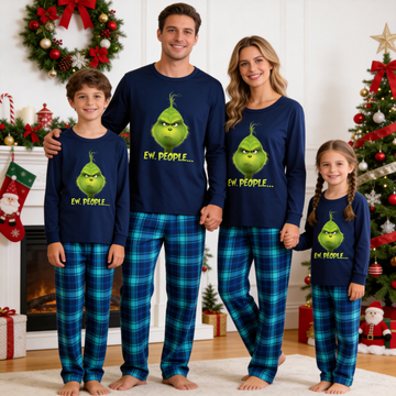 Christmas Cartoon Pattern and EW People Print Blue Long Sleeve Top With Blue Plaid Family Matching Pajamas