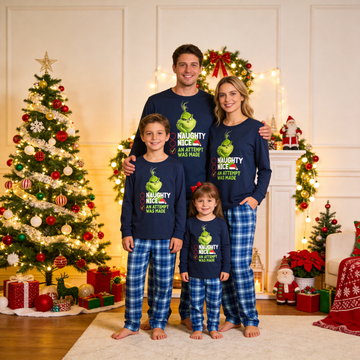 Cute Cartoon Pattern and Slogan Text Printed Blue Plaid Christmas Matching Pajamas