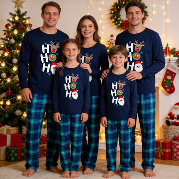 Christmas Family Matching Pajamas-Navy & Sky Blue Plaid Pjs Set with Holiday HO HO HO Print
