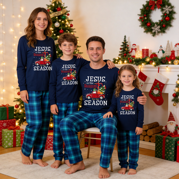 Navy & Sky Blue Plaid Christmas Pajamas Set With "Jesus is the Reason for the Season" Text Print