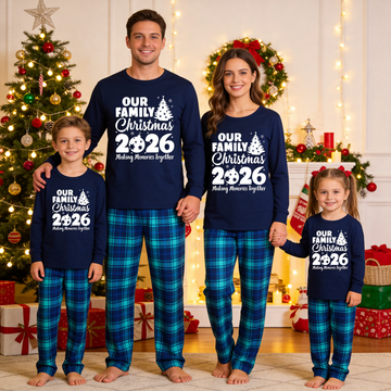 'Our Family Chirstmas 2026 Making Memories Together' Letter Print Blue Long Sleeve Top With Blue Plaid Family Matching Pajamas