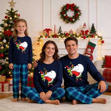Christmas Family Matching Pajamas-Navy & Sky Blue Plaid Pjs Set with Funny Grinch Print
