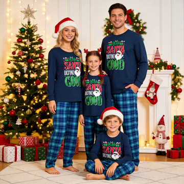 "Dear Santa Define Good" Slogan Printed Blue Plaid Family Matching Pajamas