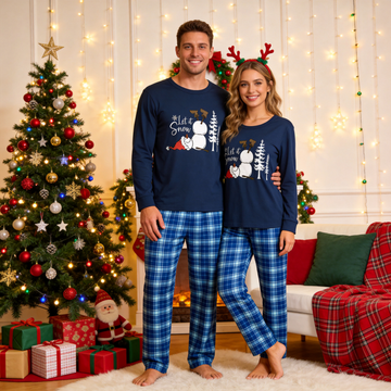 "Let it Snow" Slogan and Snowman Printed Blue Plaid Christmas Couple Matching Pajamas