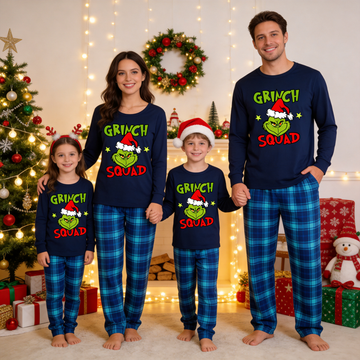 Christmas Cartoon Pattern and Text Print Blue Long Sleeve Top With Blue Plaid Family Matching Pajamas