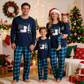 "Let it Snow" Slogan and Snowman Printed Blue Plaid Christmas Matching Pajamas