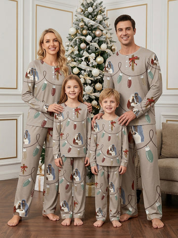 Religious Nativity & Christmas Lights Two-Piece Henley Neck Holiday Family PJs Set