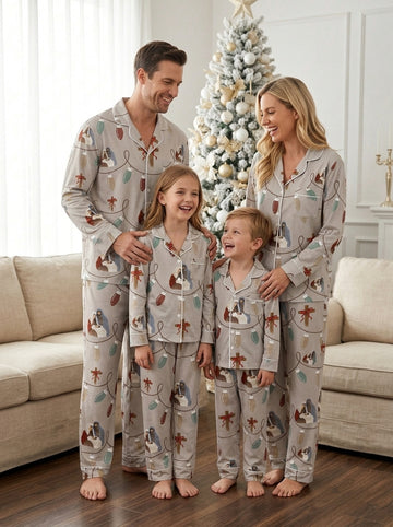 Two-Piece Set Nativity Light String Print Family Christmas Two-Piece Button-Down PJS Long Sleeve Top and Pants with Pockets Winter Holiday Sets