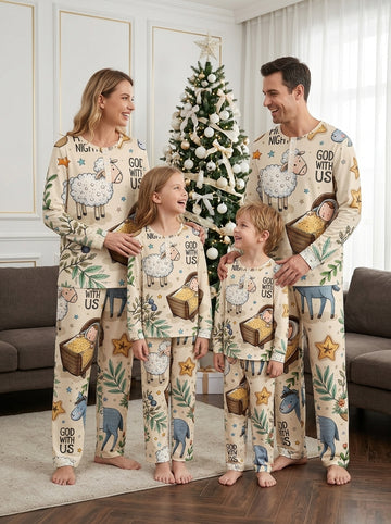 Cute Nativity Sheep & God With Us Two-Piece Henley Neck Christmas Family PJs Set