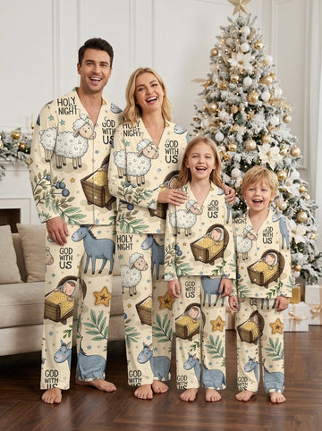Two-Piece Set Holy Night Manger Scene Print Family Christmas Two-Piece Button-Down PJS Long Sleeve Top and Pants with Pockets Winter Holiday Sets