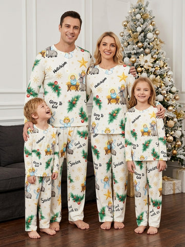 Religious Angel & Nativity Scene Two-Piece Henley Neck Christmas Family PJs Set