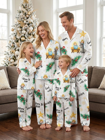 Two-Piece Set Glory To God Angel Print Family Christmas Two-Piece Button-Down PJS Long Sleeve Top and Pants with Pockets Winter Holiday Sets