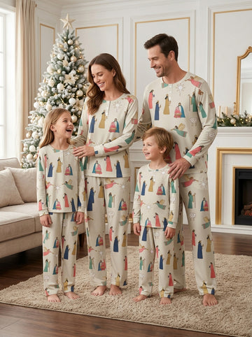 Vintage Three Wise Men & Angel Two-Piece Henley Neck Christmas Family PJs Set