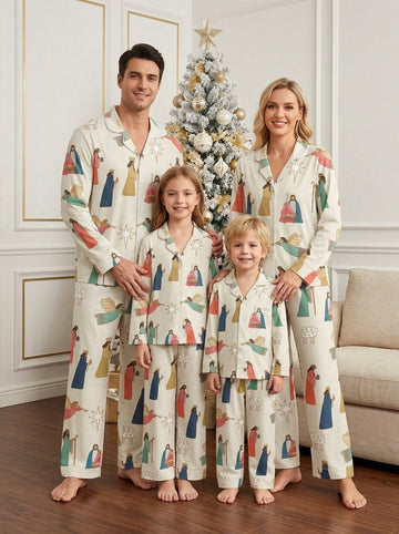 Two-Piece Set Three Wise Men Nativity Print Family Christmas Two-Piece Button-Down PJS Long Sleeve Top and Pants with Pockets Winter Holiday Sets