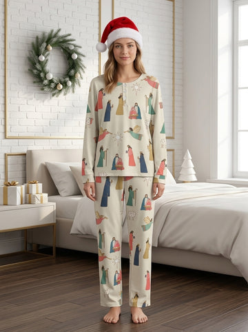 Vintage Three Wise Men & Angel Two-Piece Henley Neck Christmas Couple Pajamas