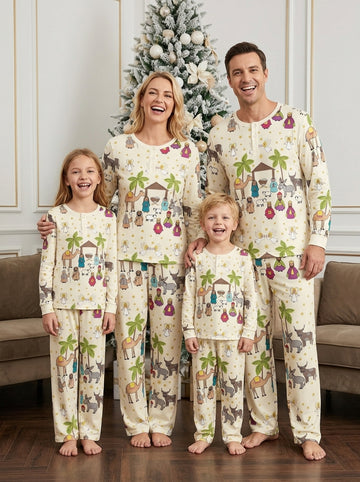 Cute Nativity Camel & Three Wise Men Two-Piece Henley Neck Christmas Family PJs Set