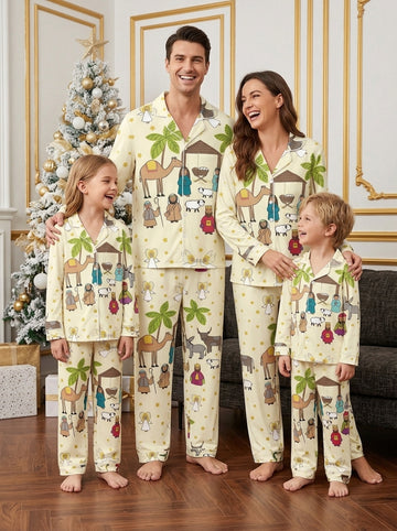 Two-Piece Set Nativity Scene Camel Print Family Christmas Two-Piece Button-Down PJS Long Sleeve Top and Pants with Pockets Winter Holiday Sets