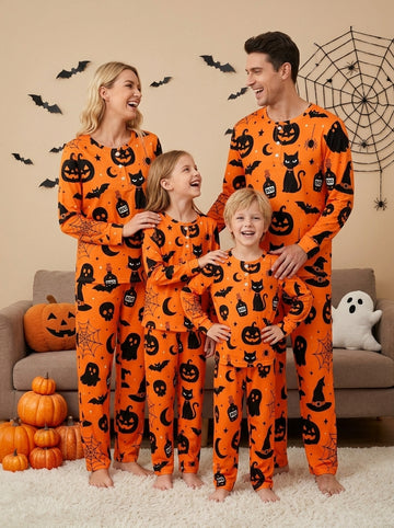 Funny Halloween Pumpkin & Black Cat Two-Piece Henley Neck Holiday Family PJs Set