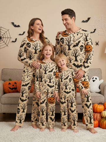 Spooky Halloween Skull & Bat Two-Piece Henley Neck Holiday Family PJs Set