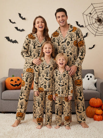 Two-Piece Set Vintage Pumpkin Tree Print Family Autumn Two-Piece Button-Down PJS Long Sleeve Top and Pants with Pockets Halloween Holiday Sets