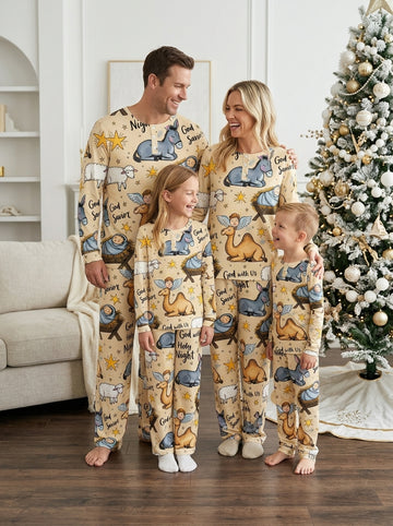 Cute Nativity Scene Baby Jesus & Camel Two-Piece Henley Neck Christmas Family PJs Set