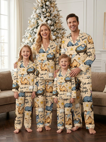 Two-Piece Set Holy Night Baby Jesus Print Family Christmas Two-Piece Button-Down PJS Long Sleeve Top and Pants with Pockets Winter Holiday Sets