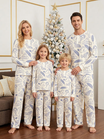 Religious Cross & Dove Line Art Two-Piece Henley Neck Christian Family PJs Set