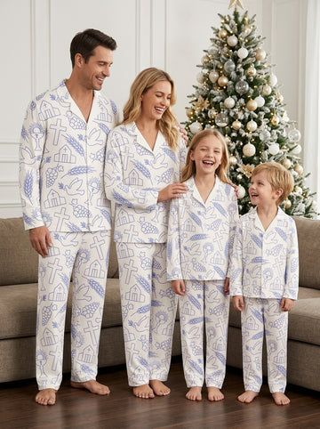 Two-Piece Set Religious Cross Dove Print Family Christian Two-Piece Button-Down PJS Long Sleeve Top and Pants with Pockets Faith Holiday Sets