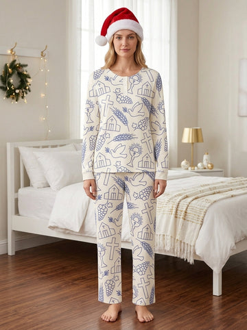 Religious Cross & Dove Line Art Two-Piece Henley Neck Christian Couple Pajamas