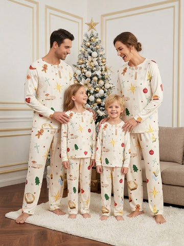 Cute Gingerbread & Nativity Scene Two-Piece Henley Neck Christmas Family PJs Set