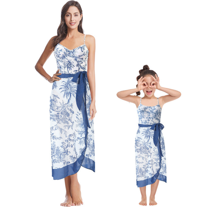 Mother-Daughter Blue Matching One-Piece Swimsuit with Skirt Set