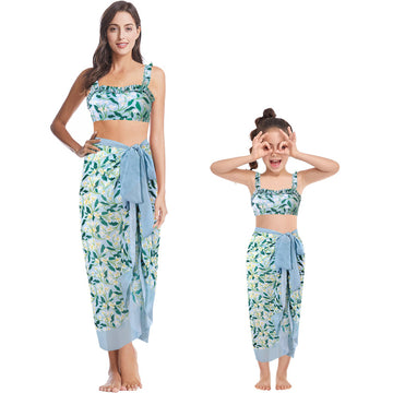 Mother-Daughter Blue Flower Print Matching Bikini Swimsuit with Skirt Set