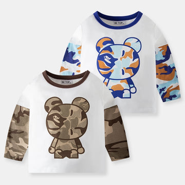 2-Pack Camouflage Bear Color Block Boys' Long Sleeve T-Shirt in Pure Cotton