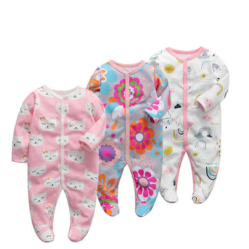 3pk Baby Girl Pink Long Sleeve Cat Print Footed Onesie