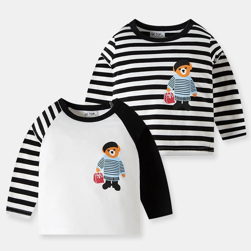 2-Pack Toddler Boy Cartoon Bear Long Sleeve Striped 100% Cotton T-Shirt