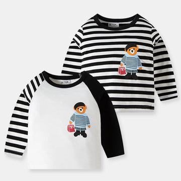 2-Pack Toddler Boy Cartoon Bear Long Sleeve Striped 100% Cotton T-Shirt