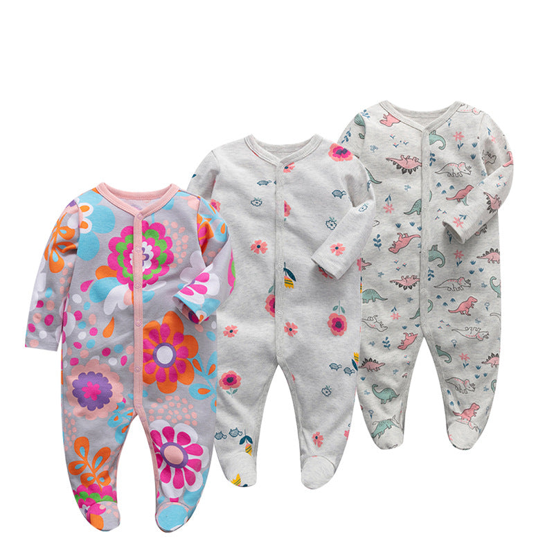 3pk Baby Girl Cotton Long Sleeve Flower Print Footed Onesie