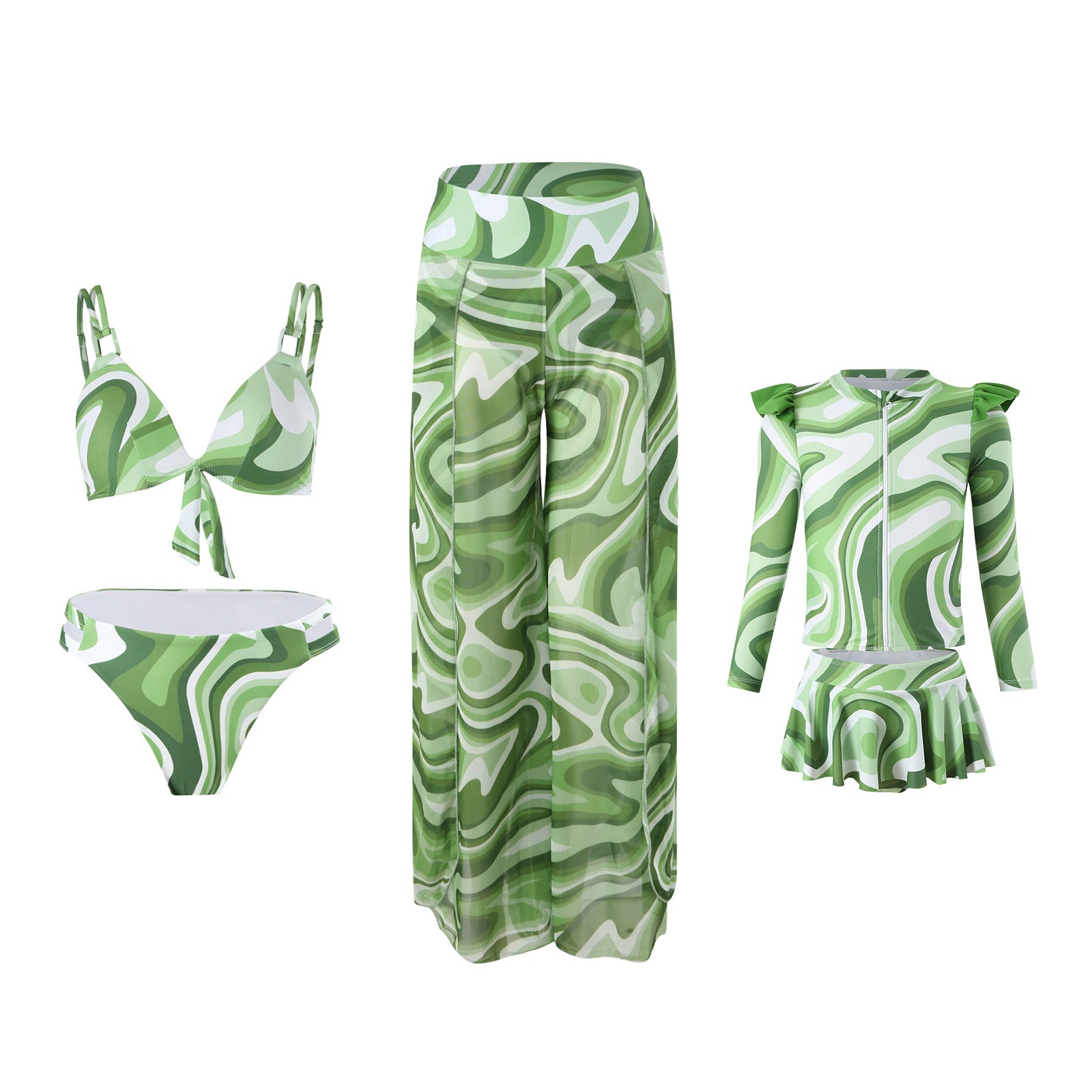 Mother-Daughter Wave Print Matching Swimwear Set - Bikini with Long Pants for Mom
