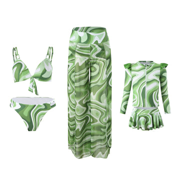 Mother-Daughter Wave Print Matching Swimwear Set - Bikini with Long Pants for Mom