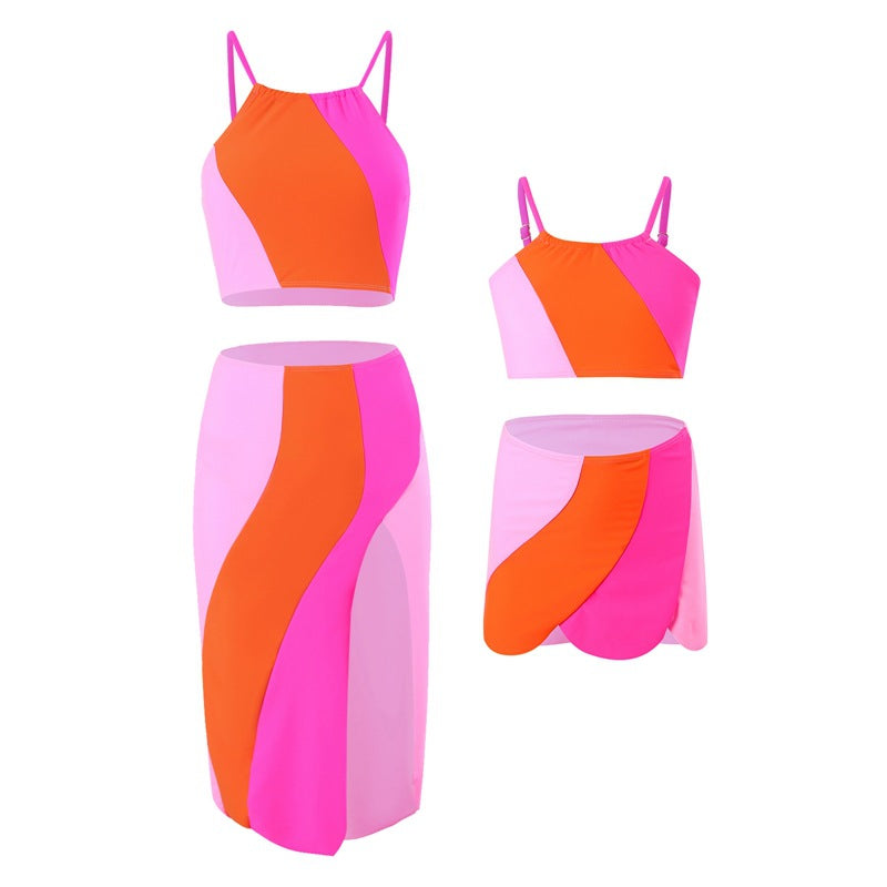Mother and Daughter Color Block Printing Matching Swimsuit