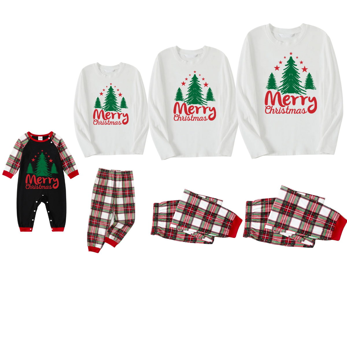 Merry Christmas Letter & Tree Printed Pattern White Long Sleeve Top and Red & White Plaid Pants Family Matching Pajamas