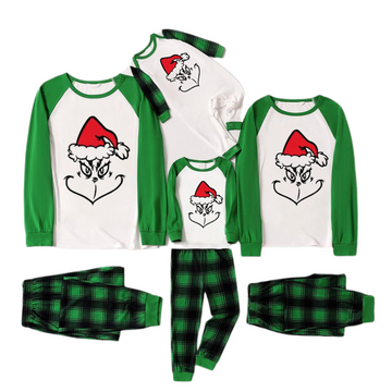 Christmas Cartoon Face Print Long Sleeve Top With Green & Black Plaid Family Matching Pajamas