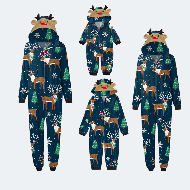 Reindeer Snowman and Christmas Tree Print Long Sleeve Christmas-Themed Pajama Set