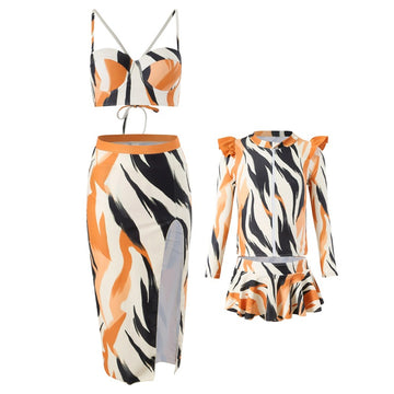 Mother and Daughter Three-Piece Striped Print Swimsuit Set