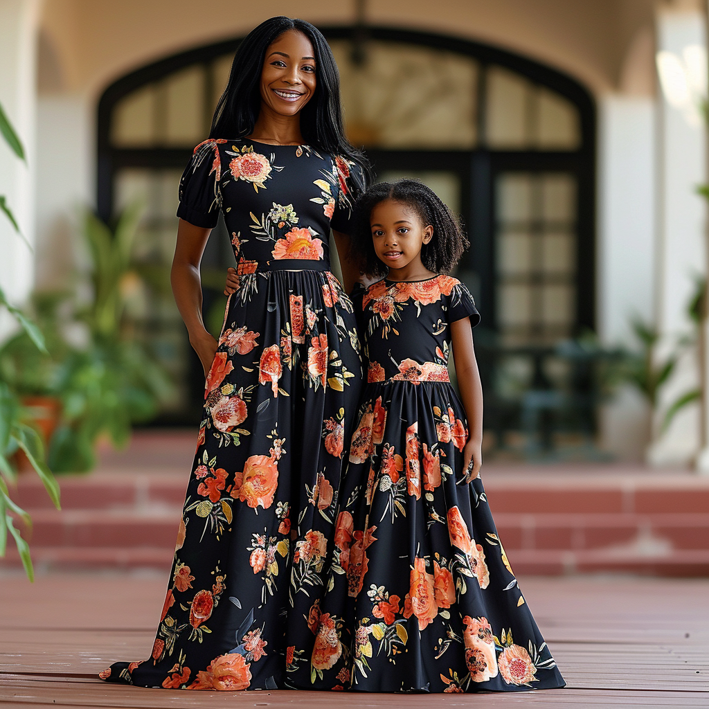 Mother and Daughter Black Matching Printed Short Sleeve Maxi Dresses