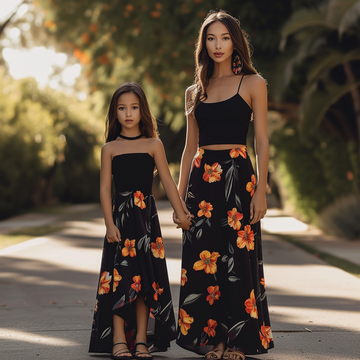 Mother and Daughter Black Floral Print Matching Dresses Set