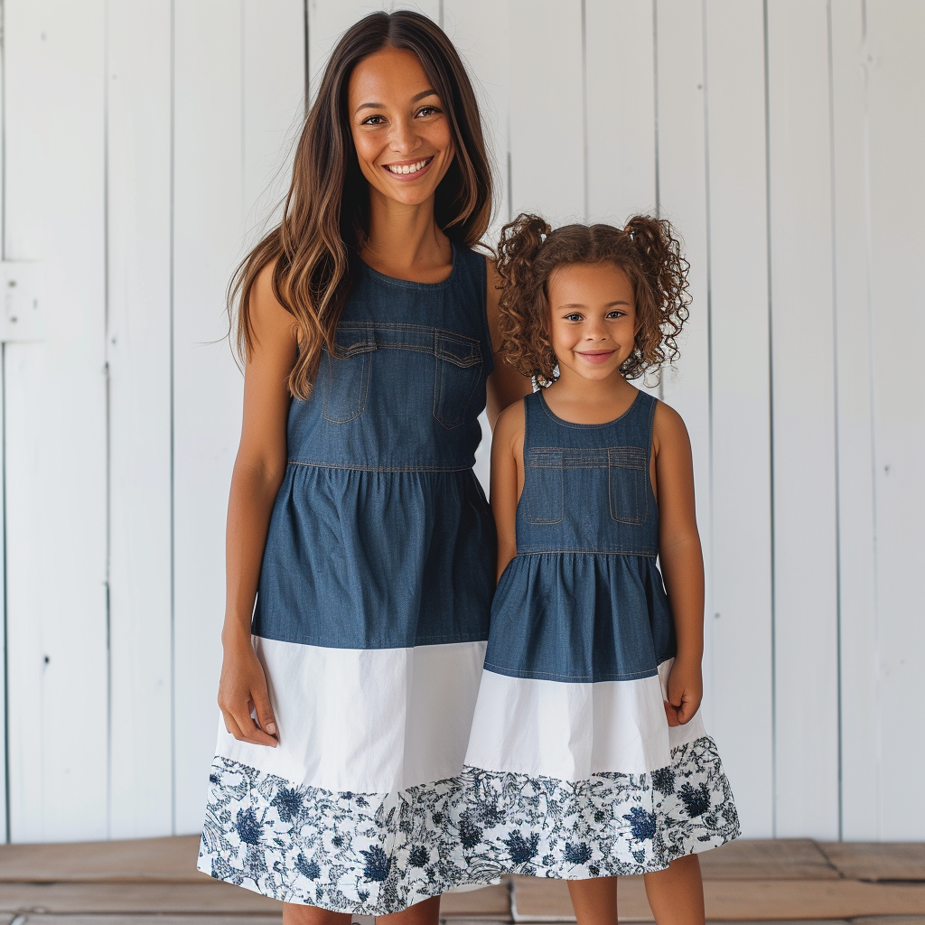 Mother and Daughter Matching Blue Denim Patchwork White Floral Print Dresses