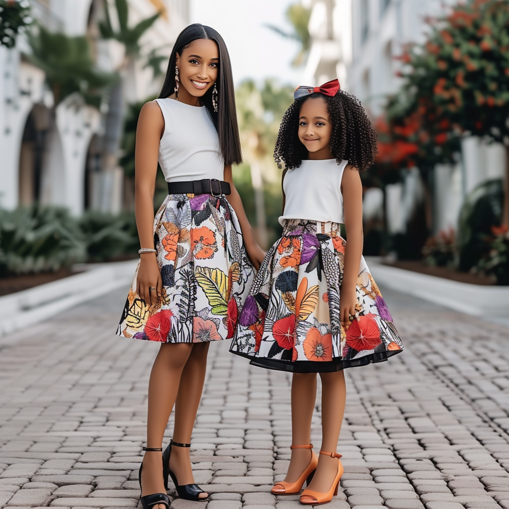 Mother and Daughter Matching Top and Printed Skirt 2 Piece Set