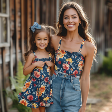 Mother and Daughter Matching Floral Print Denim Cami Outfits