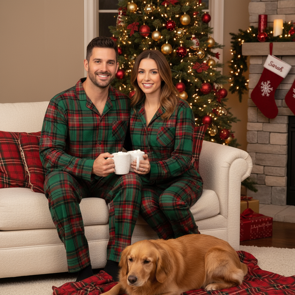 Holiday Couple Green Plaid Christmas Pajamas Set
